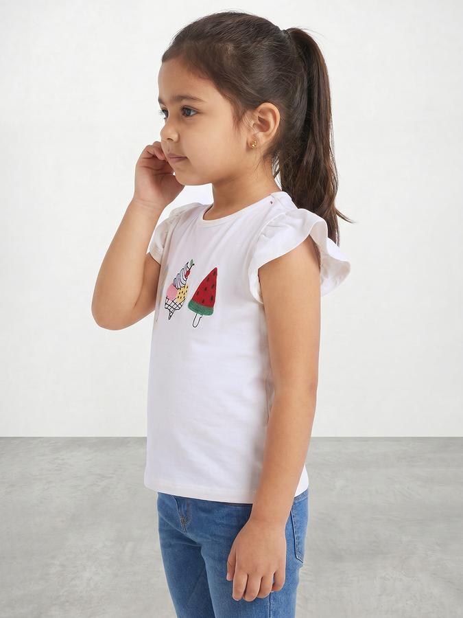 R&B Girls White Regular Fit Graphic Print Short Sleeve T-shirt