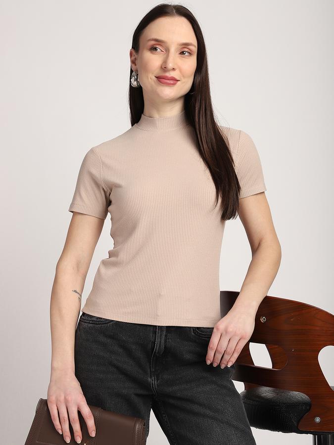 Women Cotton Slim Fit Mock Neck Ribbed Top