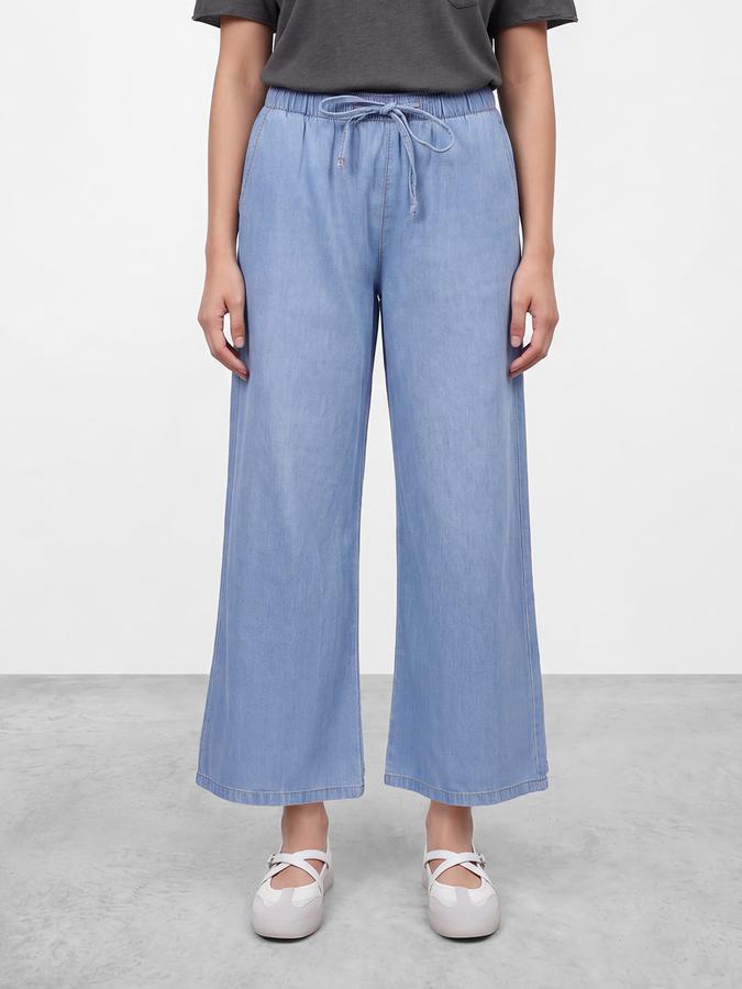 R&B Women Pure Cotton Mid Blue Wide Leg Jeans With Drawstring Closure