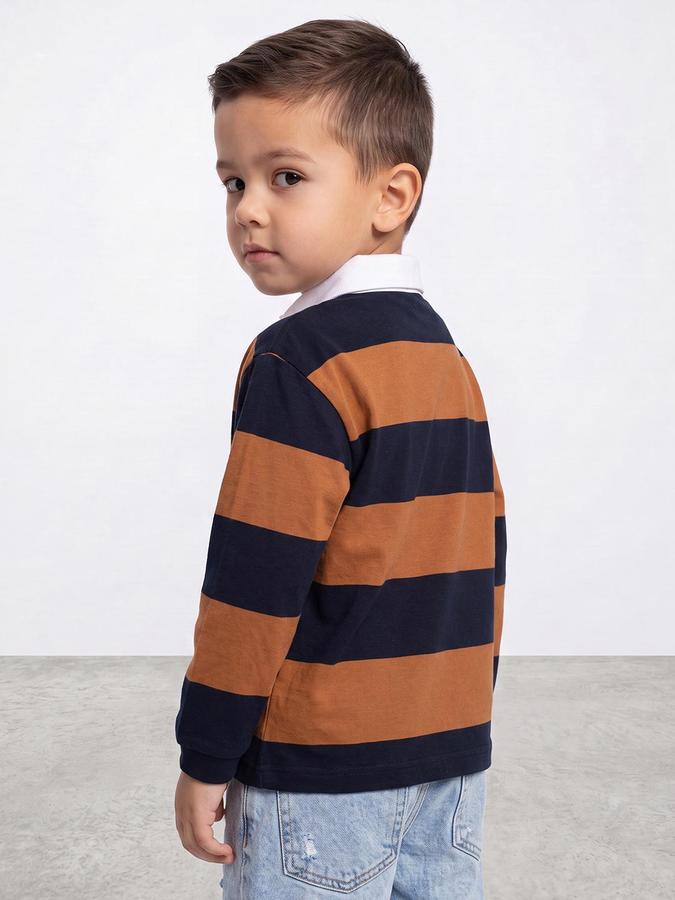 R&B Boys Orange Striped Long Sleeves Polo Collar Pure Cotton T-Shirt
