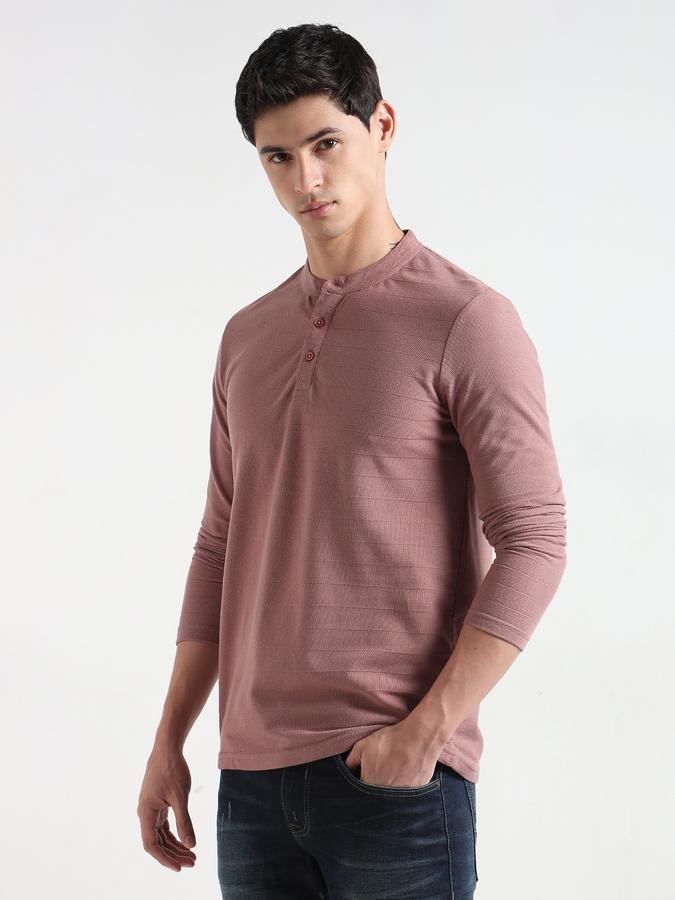 Men Cotton Blend Regular Fit Henley Textured T-shirt