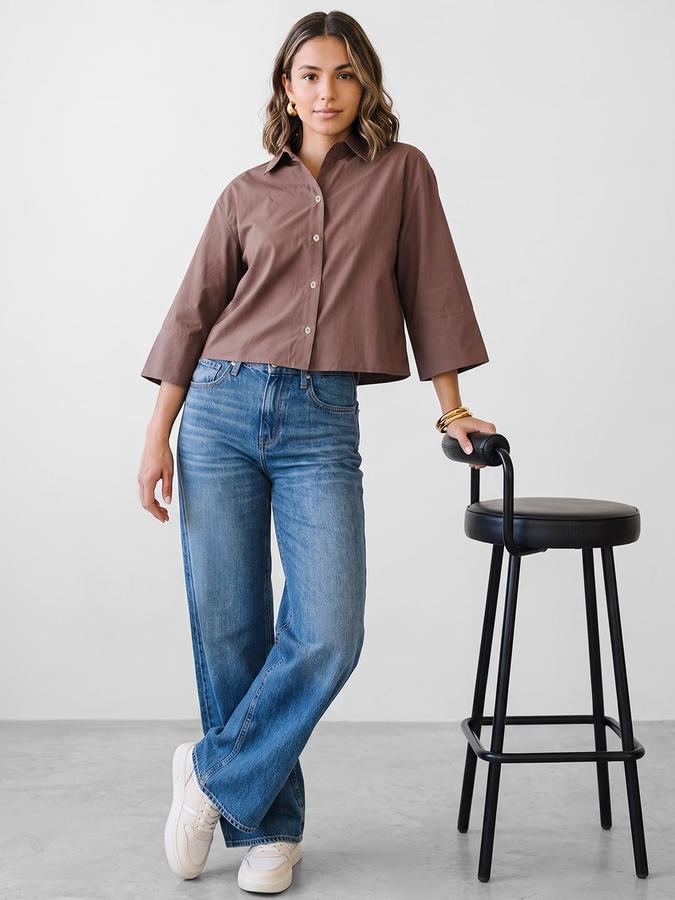 R&B Women Brown Solid Shirt Collar Long Sleeves Shirt Style Top