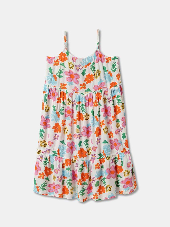 Girls Floral Tiered Sleeveless Shoulder Straps A-Line Dress