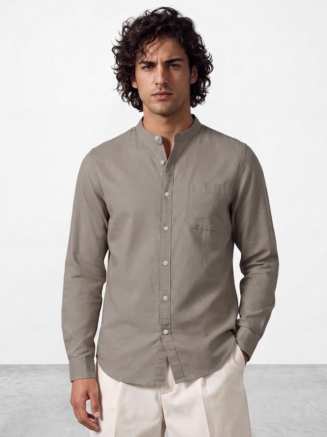 R&B Men's Sand Grey Long Sleeves Slub Mandarin Collar Shirt