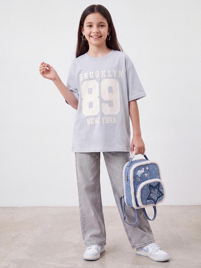 R&B Girls Grey Typography Print Short Sleeves Round Neck Pure Cotton T-Shirt