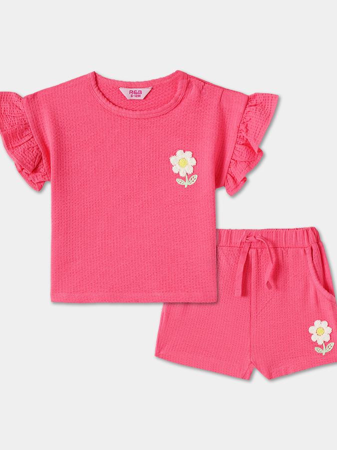 Girls Solid Ruffled Sleeve Embroidered Top with Shorts Set