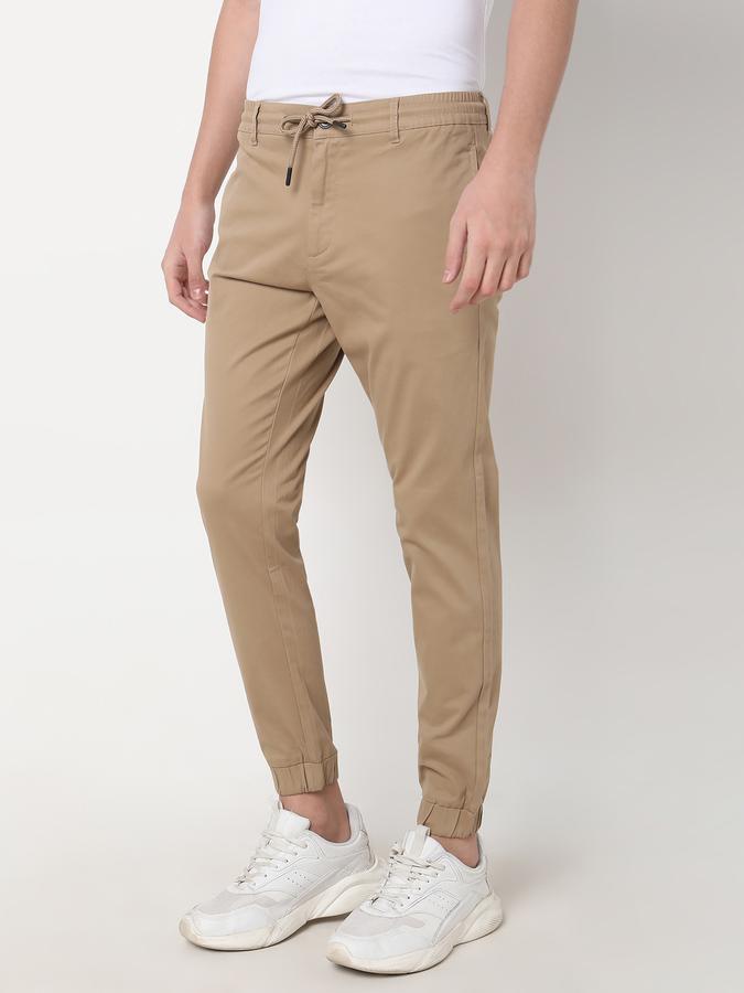 Men Cotton Slim Fit Drawstring Elasticated Cuff Solid Trousers