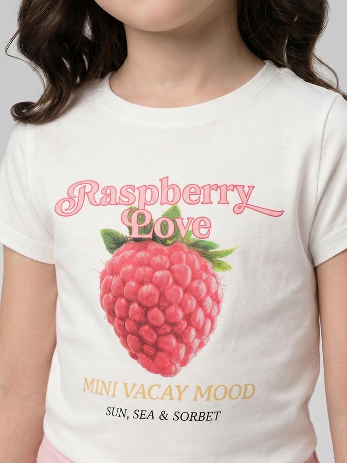 R&B White Graphic Print Girls Round Neck Regular Fit Short Sleeves T-Shirt 