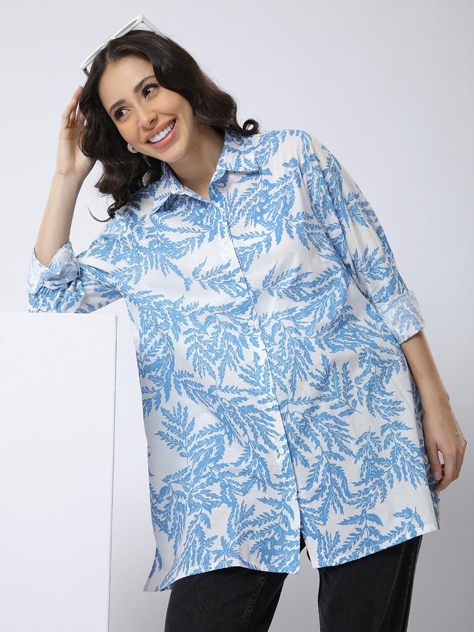R&B Women Blue Leaf Print Oversized Shirt