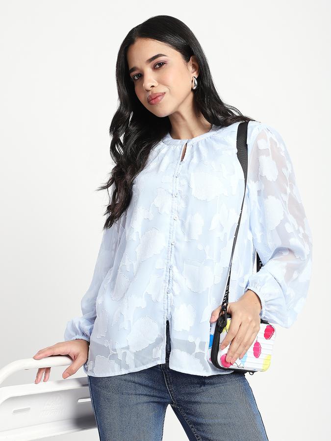 Women Polyester Regular Fit Ruffled Neck Embroidered Top