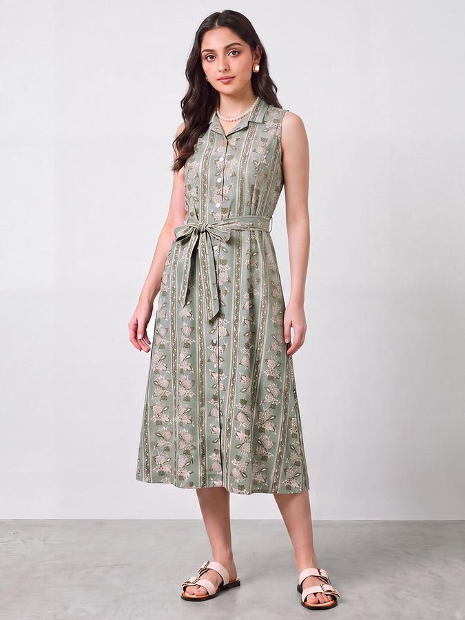 R&B Women Ethnic Green Floral Print A-Line Dress