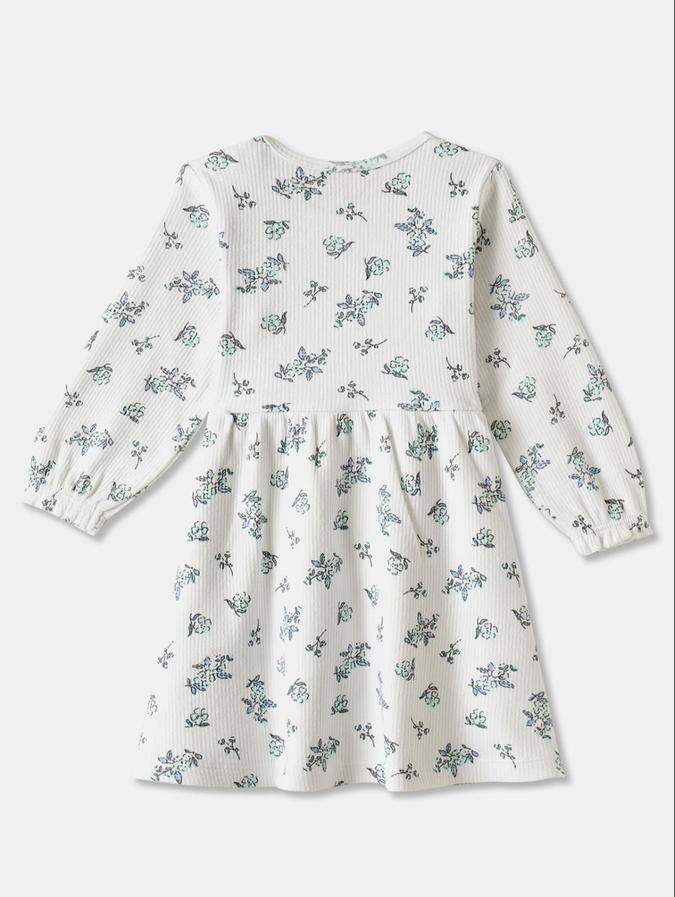 R&B White Floral Printed Girls Long Sleeves Dress