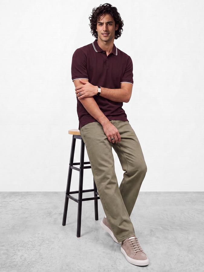 R&B Men Plum Burgundy Textured Short Sleeves Tipping Polo Collar Tshirt