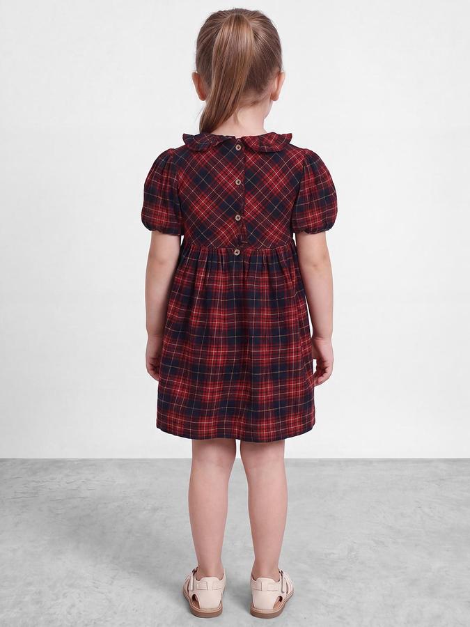 R&B Girls Red Checked Peter Pan Collar Puff Sleeves Fit and Flare Dress