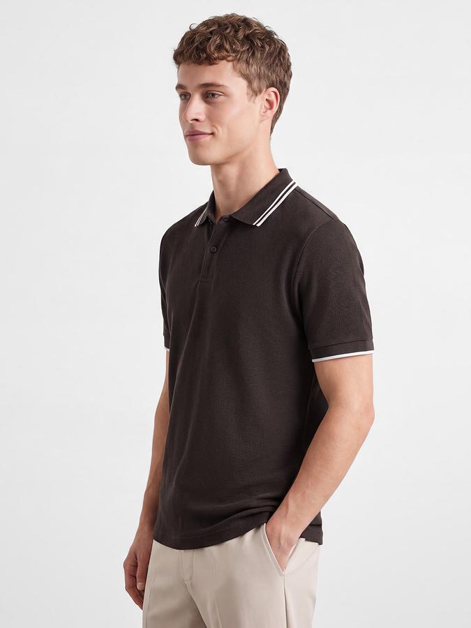 R&B Men Coffee Brown Textured Short Sleeves Tipping Polo Collar Tshirt