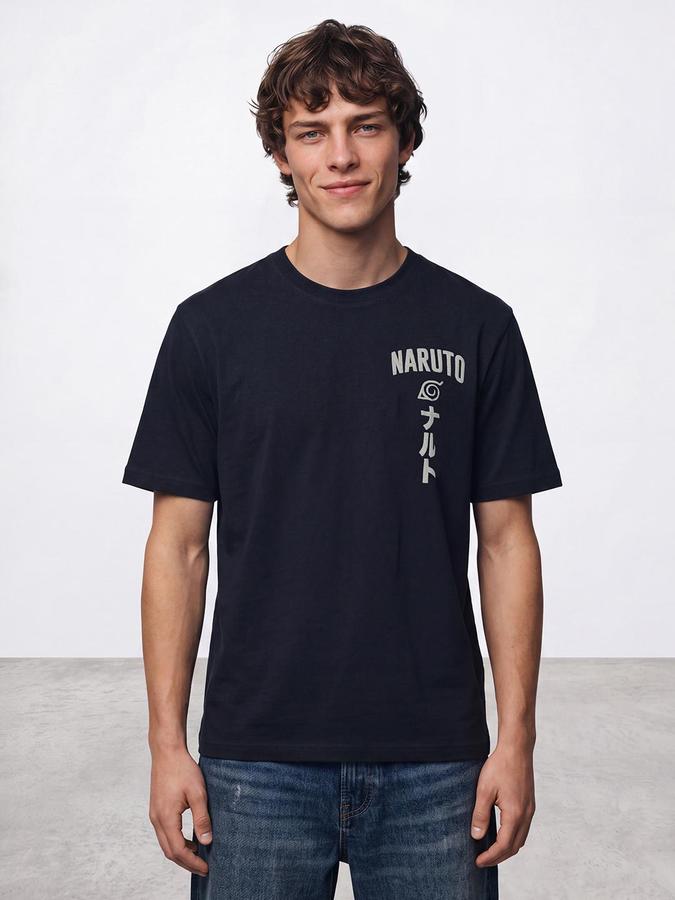 R&B Men Navy Blue Short Sleeve Naruto Graphic Back Print T-Shirt