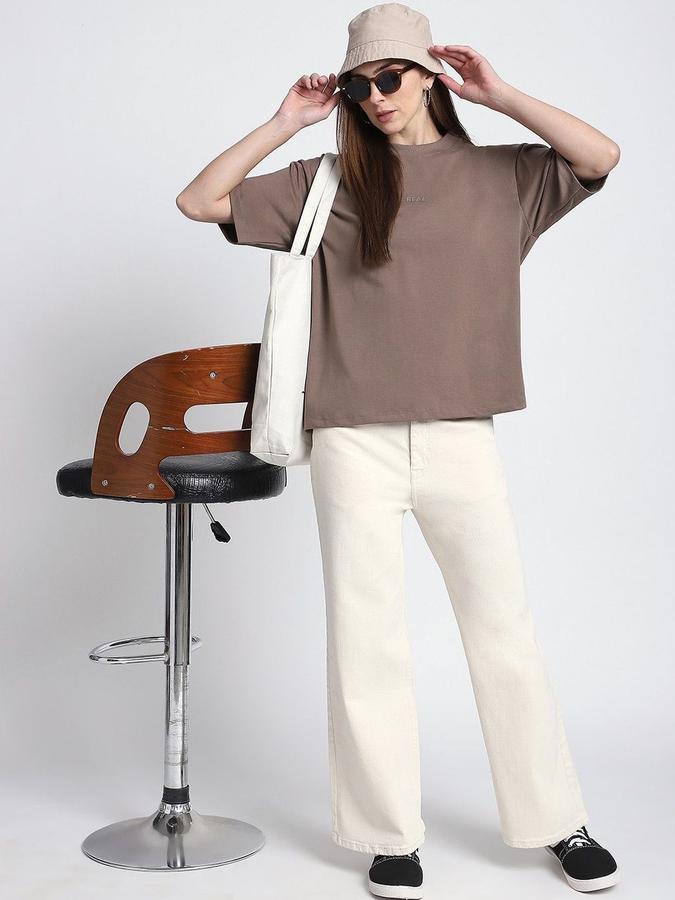 R&B Womens Brown Typography Printed  Round Neck Short Sleeves T-shirt