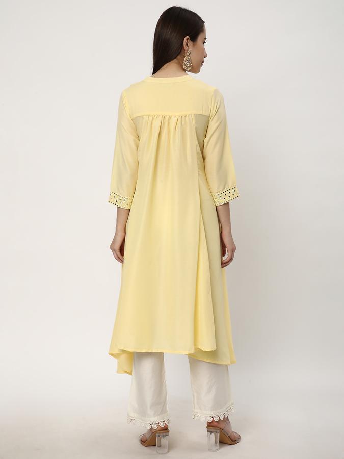 Women Poly Blend Regular Fit Mandarin Collar Embellished Kurta