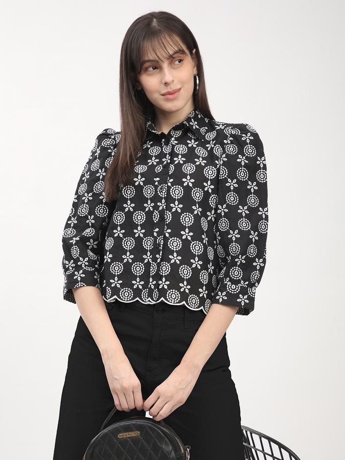 Women's black schiffli shirt with gathered sleeves and scalloped hem 