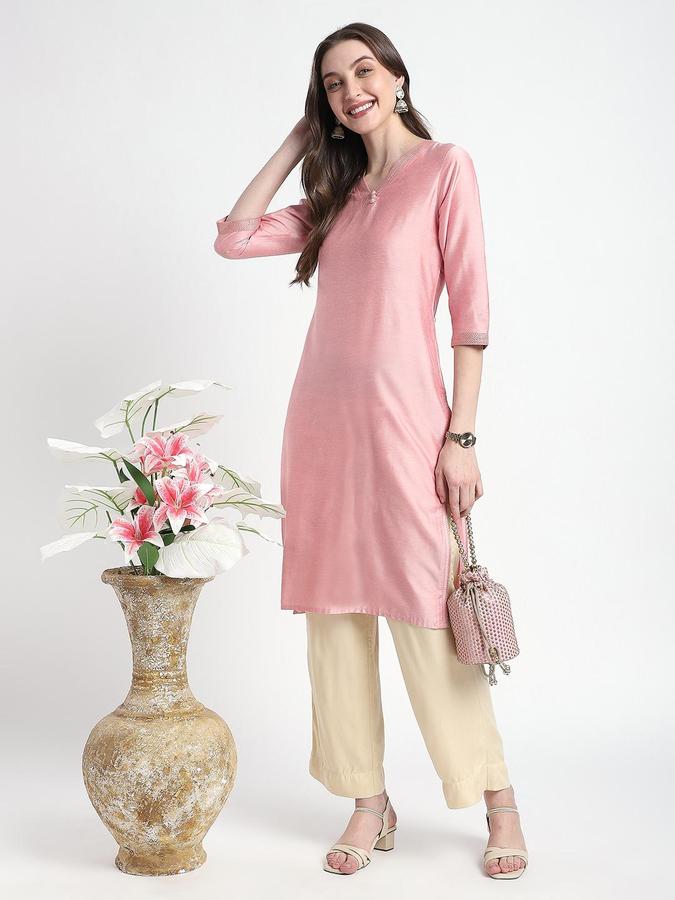 R&B Women Pink Solid V-Neck Knee Length Ethnic Kurta