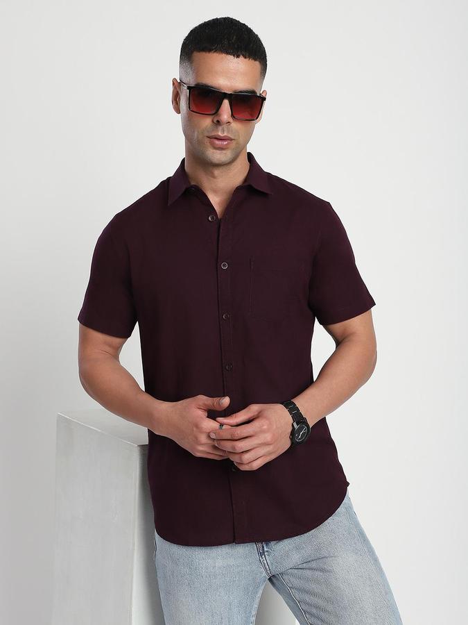 R&B Men Plum Spread Collar Short Sleeves Solid Shirt