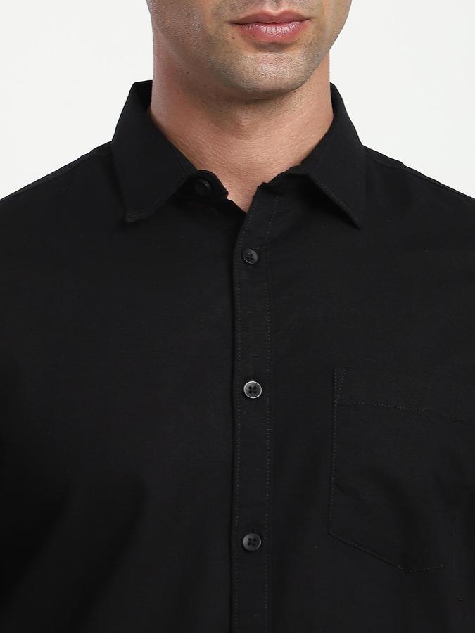 R&B Men Black Spread Collar Short Sleeves Solid Shirt
