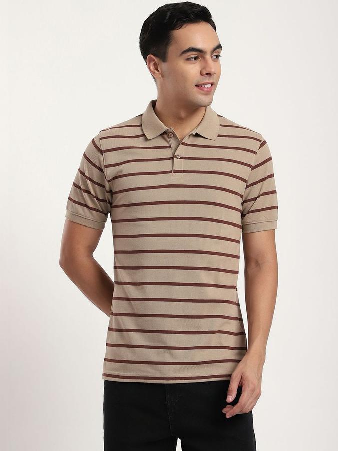 Men Cotton Blend Regular Fit Polo Neck Striped T-shirt