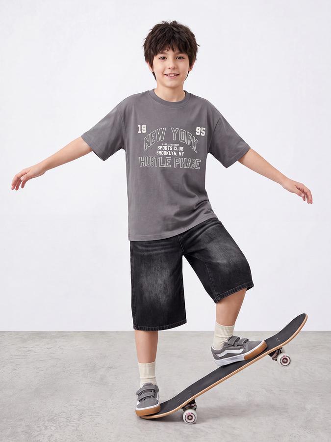 R&B Boys Grey Bold Typographic Print Drop-Shoulder Sleeves Tshirt