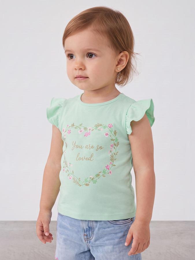 R&B Girls Green Graphic Print Short Sleeves Round Neck Pure Cotton T-Shirt