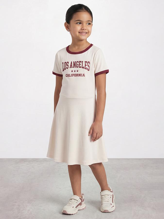R&B Girl Beige California Graphic Print Pure Cotton Short Sleeves A-Line Dress