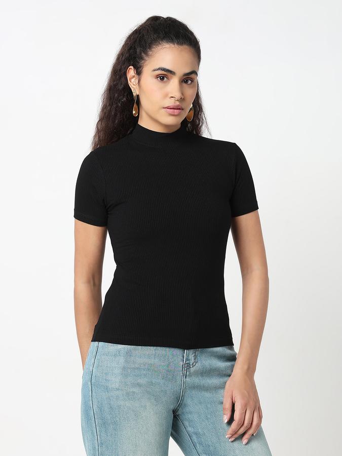 Women Viscose Slim Fit High Neck Ribbed Top