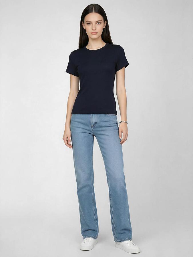 R&B Blue Solid Women Fitted Top 