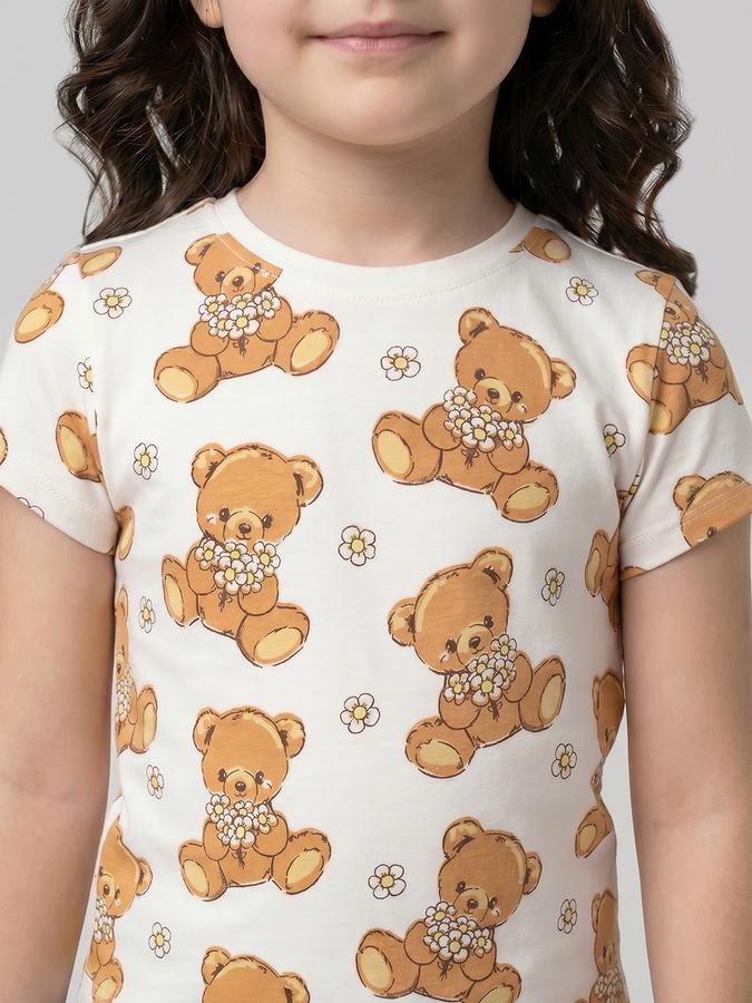 R&B Beige Graphic Print Girls Round Neck Regular Fit Short Sleeves T-Shirt 