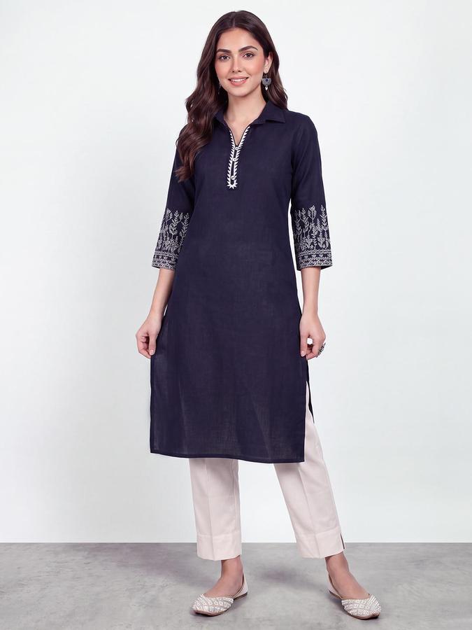R&B Women Navy Blue Floral Embriodery Shirt Collar Three-Quarter Sleeves Straight Kurta
