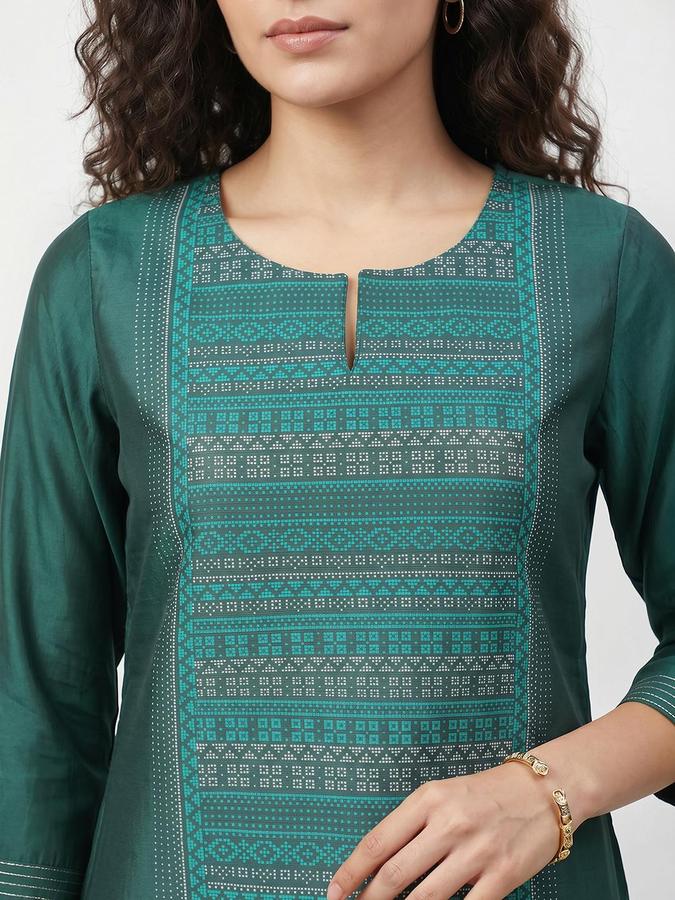 R&B Women Sea Green Printed Stylised Neck Three-Quarter Sleeves Calf Length Straight Kurta 