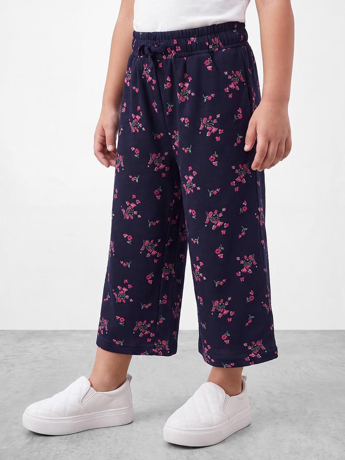 R&B Girls Blue Floral Print Wide Leg Mid Rise Trousers