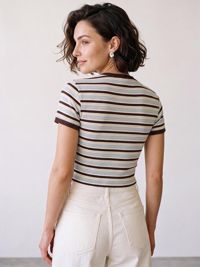 R&B Womens Brown Round Neck Short Sleeves Striped Crop Top