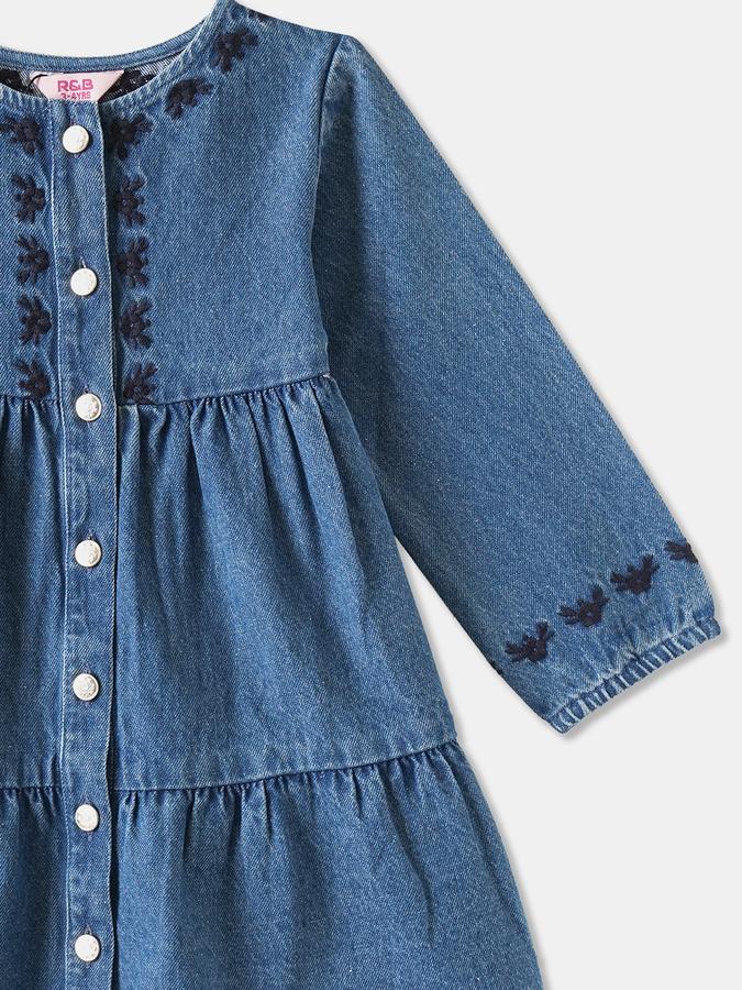 Girls Denim A-Line Round Neck Embroidered Dress