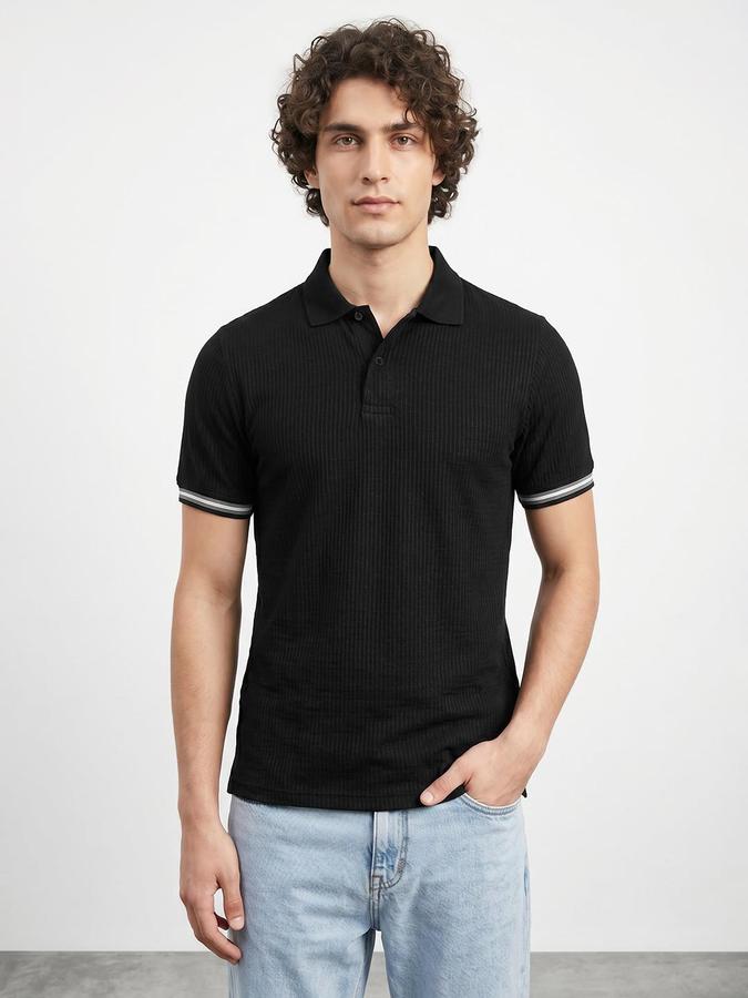 R&B Men Black Ribbed Short Sleeves Polo Tshirt