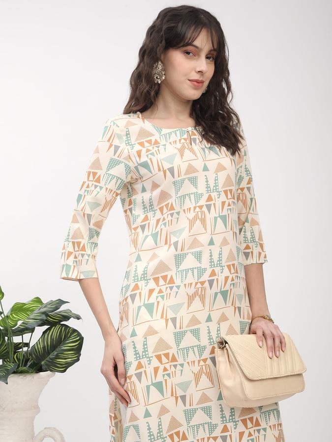 Women's regular fit casual off white geometric printed round neck straight kurta 