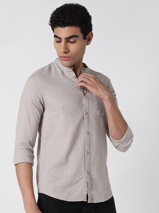 R&B Men Grey Solid Long Sleeves Mandarin Collar Slim Fit Shirt