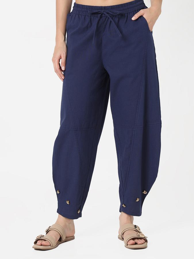Women Cotton Harem Drawstring Waist Solid Trousers