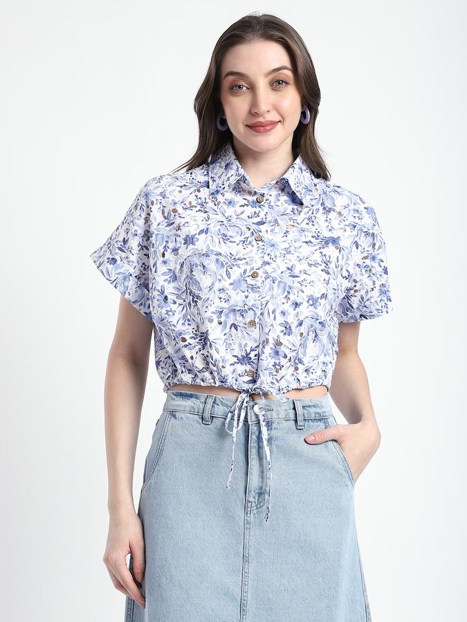R&B Women Blue Floral Print Tie-Front Cropped Shirt