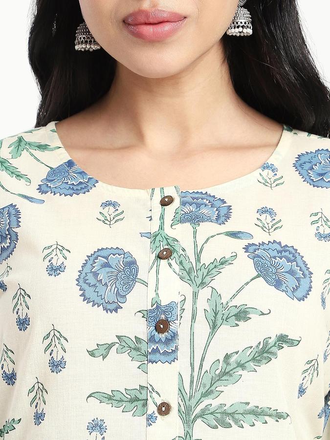 R&B Women Blue Floral Print Round Neck Knee Length Pure Cotton Ethnic Kurta
