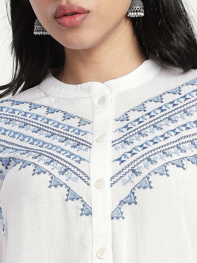 Women Viscose Regular Fit Mandarin Collar Embroidered Top