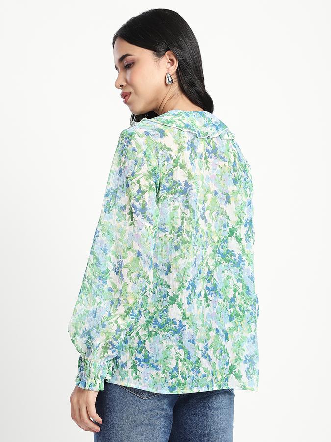 Women Polyester Regular Fit Ruffled Neck Floral Top