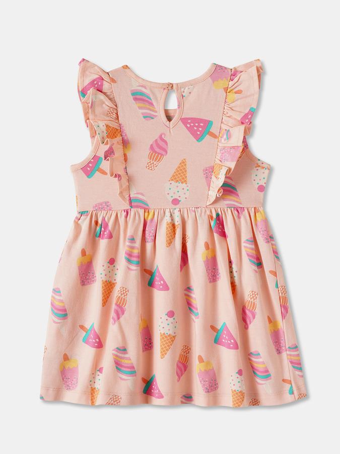 Girls Printed Ruffled Sleeveless Round Neck Above Knee Peach Dress