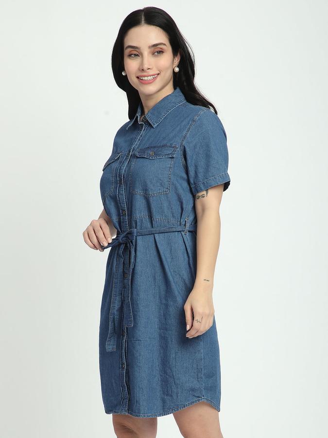 R&B Women Blue Solid Half Sleeves Shirt Collar Above Knee Fit &amp; Flare Dress