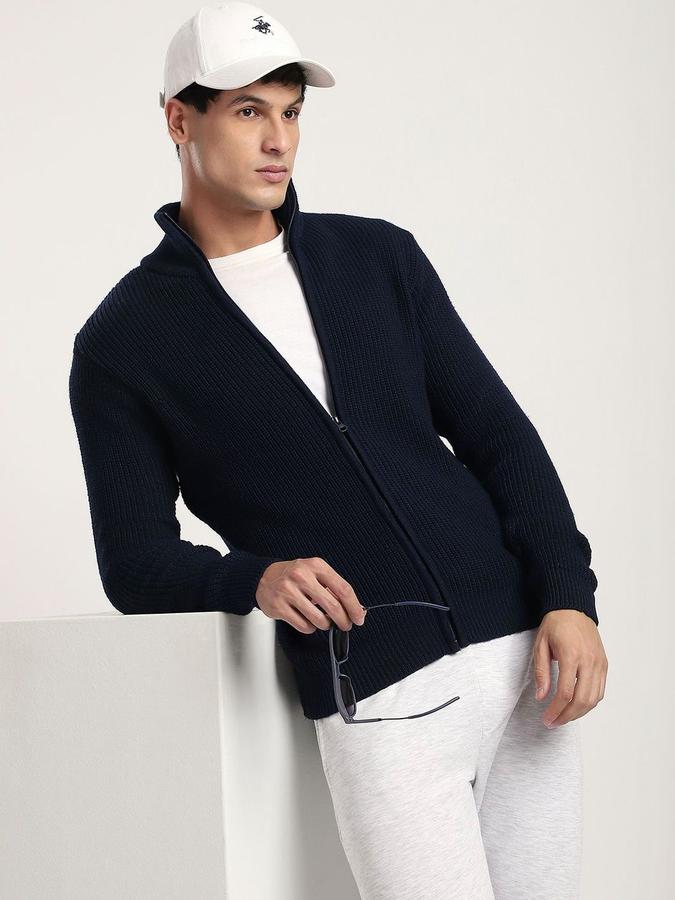 R&B Men Navy Blue Mock Collar Ribbed Long Sleeves Sweater