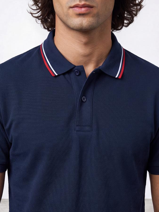 R&B Men Ink Blue Solid Short Sleeves Tipping Polo Collar Tshirt